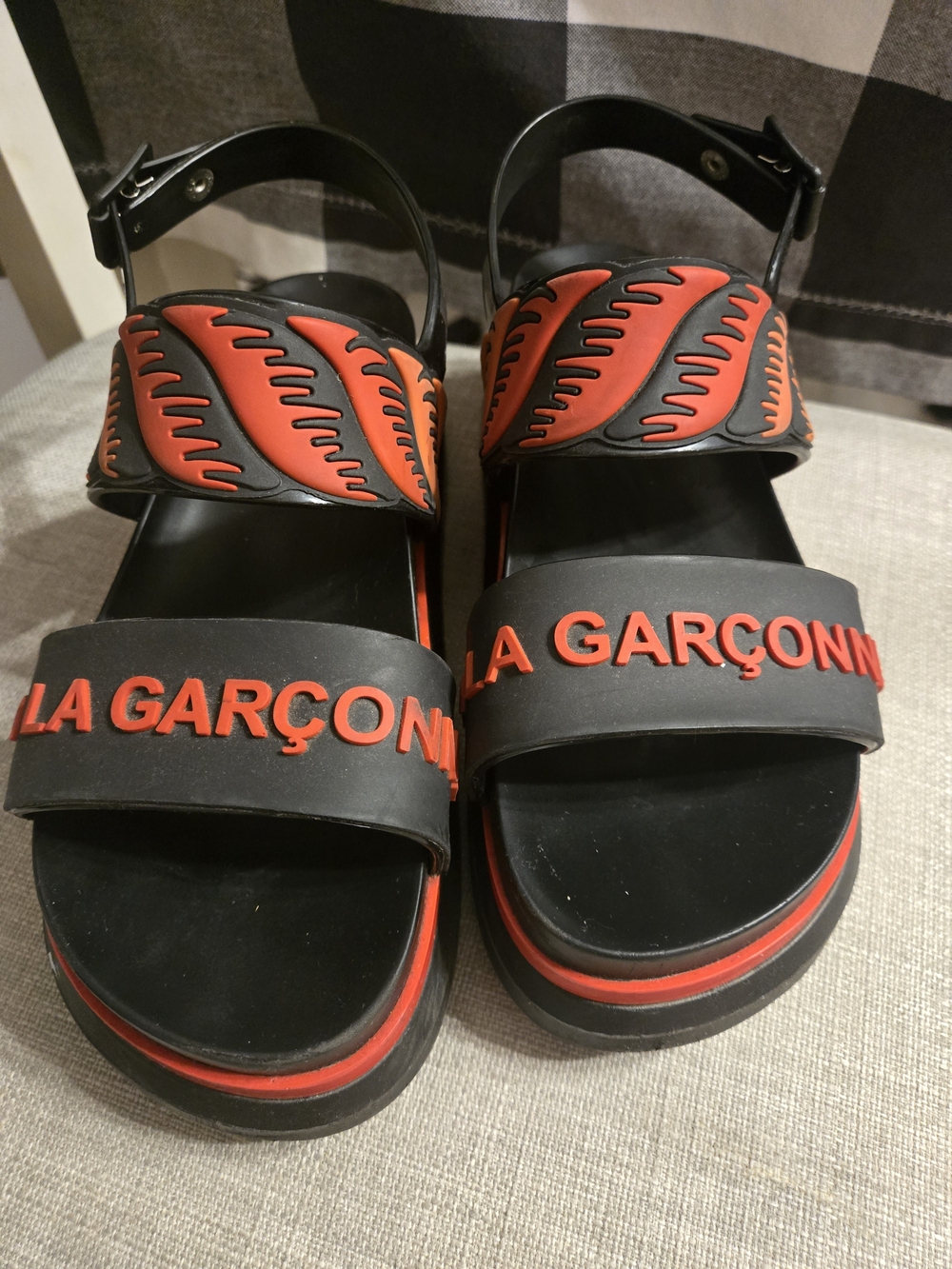 Melissa Black & Red Platform Sandals with Bold Lettering
